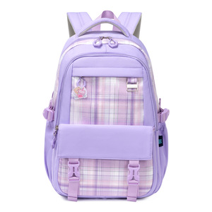 Purple Plaid Student <b>Backpack</b> <b>Waterproof</b> <b>School</b> Bag Large Capacity Zipper Bookbag for Girls - Product Image 1