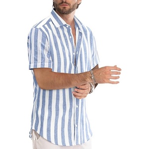 Camisas de Vestir Casuales y Elegantes para Hombre, de Manga Corta, con Estampado de Rayas, de Algodón, para Vacaciones, con Logotipo Personalizado ODM, Transpirables, con Cuello Alto - Product Image 1