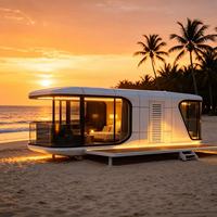 Cabane de luxe préfabriquée pour glamping sur la plage, maison-capsule portable, cabine mobile, design panoramique en verre, tente d'hôtel de villégiature extérieure pour camping en bord de mer
