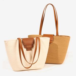 Bolso Tote de Paja Tejida, Color Sólido, Estilo Bohemio, Cierre con Cremallera, Forro de Algodón Hecho a Mano, para Todas las Temporadas, Bolso de Compras para Mujer - Product Image 1