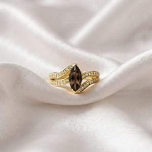 Anillo de compromiso de cuarzo ahumado natural con corte marquesa, chapado en oro de 18 quilates, plata de ley 925, anillos de mujer, joyería vermeil de eternidad. - Product Image 1