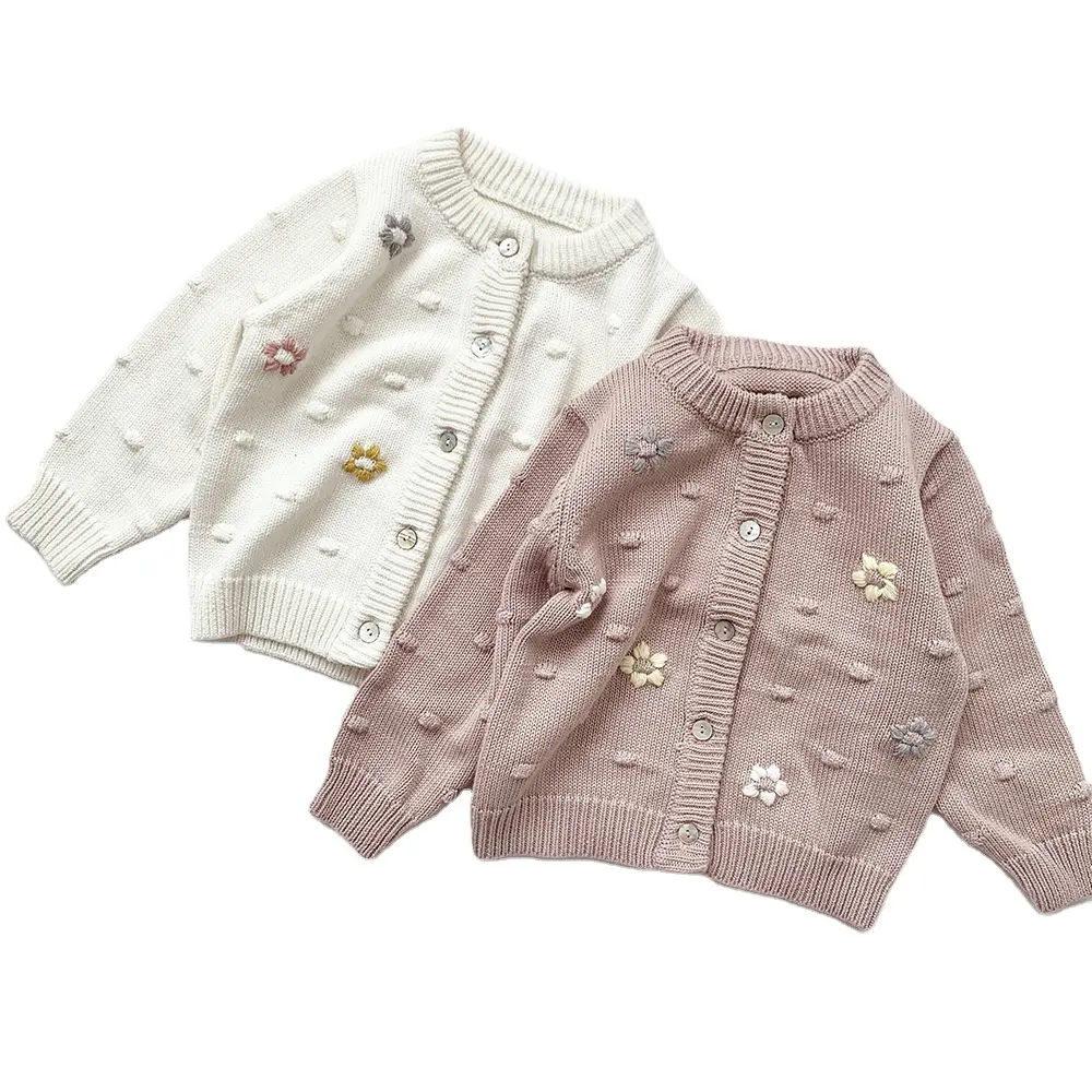 Embroidered Kids Girl Knit Wool Thick Cardigan Sweater Long Sleeve Pattern Flower Pompom Knitwear Winter Children Baby Clothes