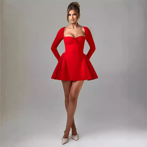 Le donne vestono il nuovo stile di temperamento a maniche lunghe in tinta unita Slim e <span class=keywords><strong>vestito</strong></span> da <span class=keywords><strong>principessa</strong></span> Sexy - Product Image 5