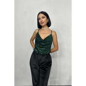 Blusa de satén elástica con tirantes y cuello en V para mujer, sexy, sin espalda, ideal para fiestas - Product Image 3