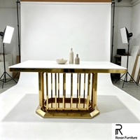 Table de salle à manger rectangulaire haut de gamme en acier inoxydable doré, base octogonale à tiges verticales durable pour mariage, banquet, événement