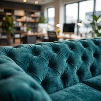 Ensemble de canapés de bureau en velours bleu sarcelle capitonnés, mobilier professionnel pour environnement professionnel avec éclairage d'ambiance doux