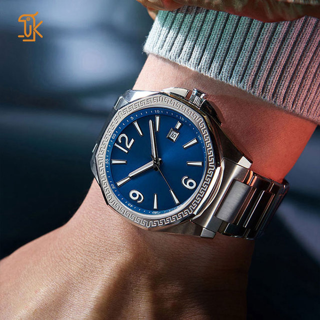 SANYIN OEM Blue Octagon Engraved Business Man Watch Waterproof Private Label Custom Automatic Watches With Logo Branding