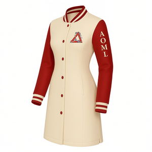 Delta grec | Sigma | Theta DST Sorority Clothing prêt à expédier Long Letterman Jacket Varsity Dress avec manches en simili cuir - Product Image 1