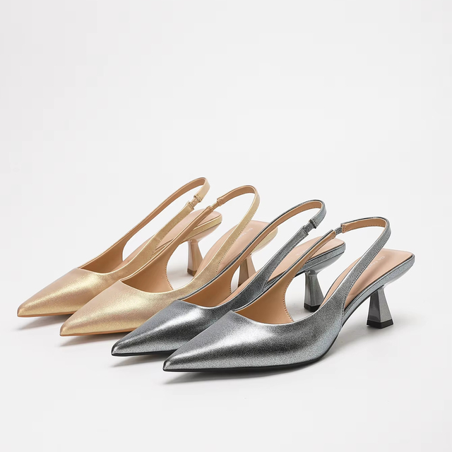 8373-1YW Women's Summer Style Pointed-Toe Kitten Heel Slip-On Pumps Matte Solid High Heel Slingback Stilettos Height Increasing