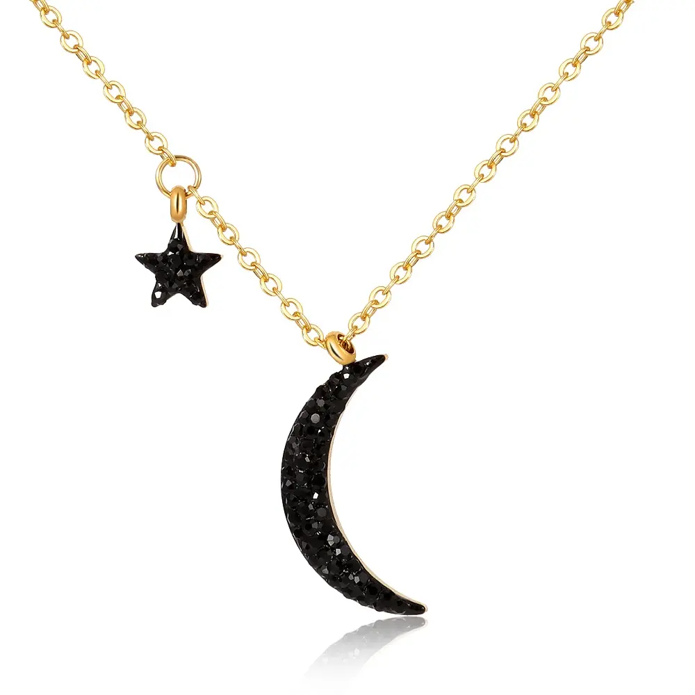 Frauen pvd 18 Karat Gold schwarz Crescent Moon Star Anhänger Edelstahl Mond Halskette