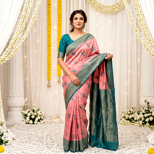 Sari de seda con estampado digital rosa y verde azulado para mujer, ropa tradicional de boda, largo hasta el suelo, sin arrugas, ajuste regular. - Product Image 1