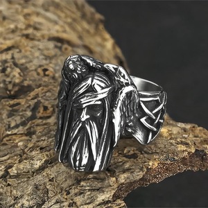 Men's <b>Titanium</b> Steel <b>Ring</b> Viking Head Wings Design Hip Hop Punk Style Fashion Jewelry Gift - Product Image 3