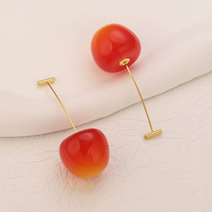 Resin Cherry Drop <b>Earrings</b> | 18K PVD Gold Plated Stainless Steel T-Bar <b>Posts</b> | Trendy Minimalist Jewelry for Women & Girls - Product Image 3