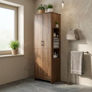 Teak Wood <b>Tall</b> Bathroom Cabinet 2 Door 3 Side Open <b>Shelf</b> Linen Tower - Product Image 3