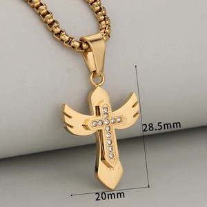 Collier avec pendentif croix aile d'ange en acier inoxydable, or, argent, cristal, bijoux chrétiens, chaîne Hip Hop Punk, cadeau pour hommes et femmes - Product Image 2