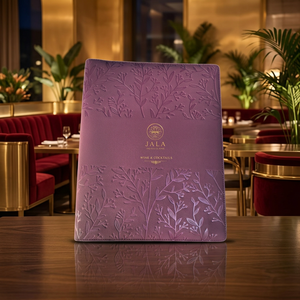 JALA PU Leather Matt Black Menu Folder Floral Embossed Design ISO Certified Wine Cocktails Restaurant Use Model MZMNB-52 - Product Image 1