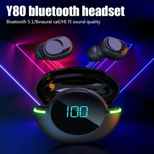 New Product Handsfree Wireless Headsets Led Sports Headphones Gaming In-ear Earphones Tws Y80 Touch Earbuds