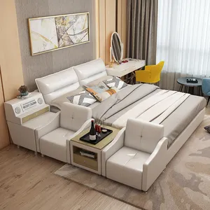 Luxury King Size Beds With Bedside Table Modern Design Bedroom Furniture Upholstered Smart Bed