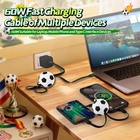 Câble de données rétractable 2 en 1 personnalisé pour le football, mini portable, pour téléphone portable Android, ordinateur portable, football, câble de charge rapide 60W