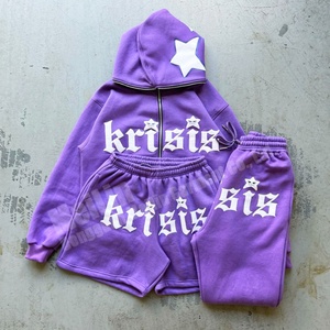 Spring Full Zip up Hoodie and Short <b>Sets</b> Tracksuit Custom Logo Puff Print Sweatsuit Hoodies and Shorts <b>Set</b> Men - Product Image 2