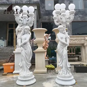 QUYANG Garden Decoration Stone Carving Beautiful Lady Lamp Sculpture Life Size Natural Marble Woman Statue Lamp Post