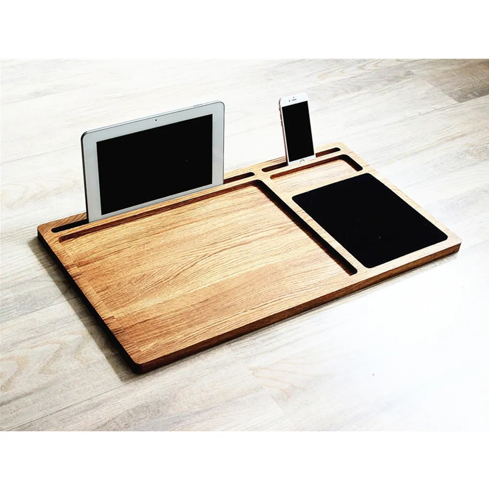 Custom Solid wooden Multi tasking mobile workstation lap desk tray with mouse pad and slots for Laptop computer and Phone
