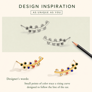 Boucles d'oreilles Ear Climber multicolores en zircon, en acier inoxydable plaqué or 14K sous vide, bijoux à clous incurvés - Product Image 2