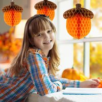 Décoration en forme de boule en nid d'abeille Acorn Square pour la fête de Thanksgiving, boule en nid d'abeille en papier en forme de noisette et de cône de pin, décoration suspendue