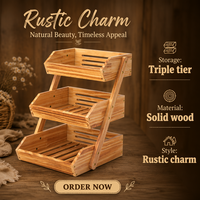 Étagère de rangement pour fruits, légumes et pain en bois de pin rustique, artisanale, durable et éco-responsable, 3 niveaux, style américain