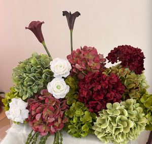 Boule de fleurs artificielle 60 cm rouge bordeaux et blanche, centre de table en soie, arrangement d'hortensias verts, décoration de <span class=keywords><strong>mariage</strong></span> faite à la main - Product Image 1
