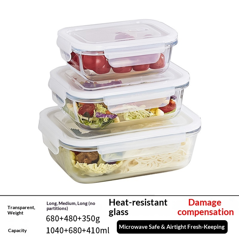 Transparent Rectangular Glass Heatable Fresh-Keeping BPA Free Microwave Safe Large Capacity Lunch Box Lid Carton Packed Kitchen view 2