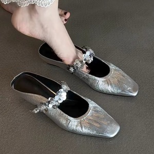 Summer Outdoor Silver Square <b>Toe</b> Ruched Sequins Flower Mule <b>Sandals</b> Elegant One Strap <b>Closed</b> <b>Toe</b> Slip On Heels - Product Image 1