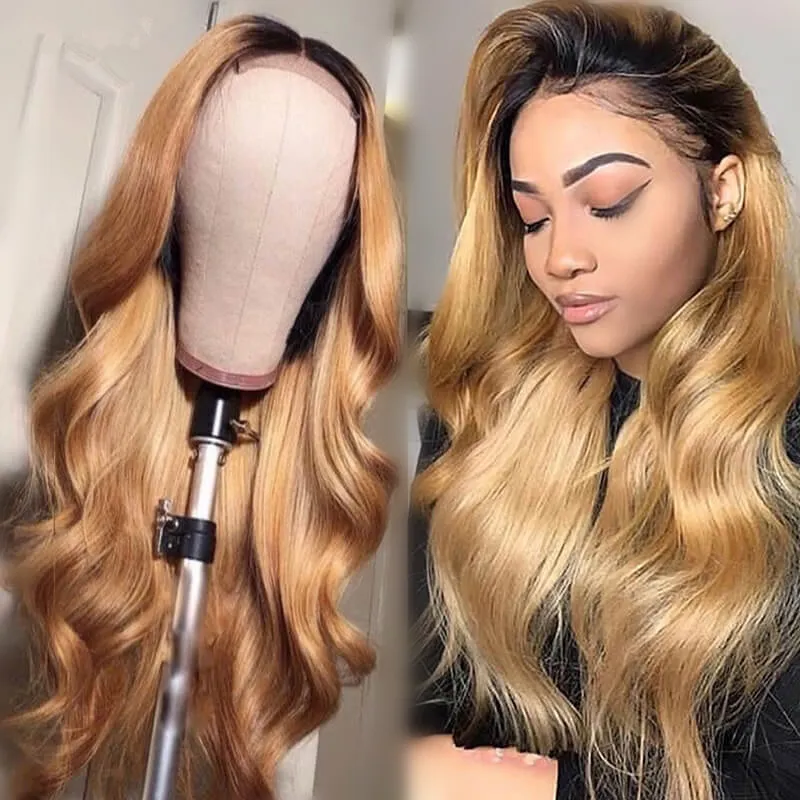 customization pre plucked 30" 40" inch Brazilian Indian human hair #4T27 ombre color natural wave lace frontal wigs for women