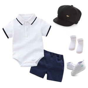Conjunto de 5 Piezas para Bebé: Mono de Verano Transpirable de Algodón Estilo Preppy con Cuello Camisero + Sombrero + Zapatos + Calcetines + Pantalones Cortos - Product Image 1