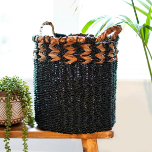 Panier de rangement rustique en jonc de mer naturel avec poignées, forme cylindrique, conteneur multi-usages pour l'organisation - Product Image 1