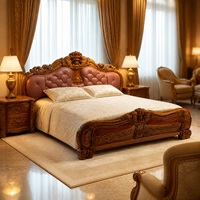 Lit double en bois massif de style chinois avec tête de lit en cuir, finition or noir, mobilier de chambre de luxe pour villa