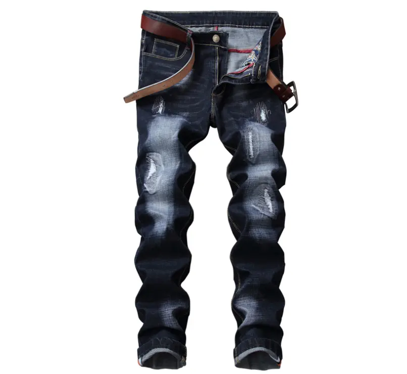 Retro Hole Ripped Distressed Jeans For Men Straight Washed Hip Hop Straight Denim Trousers Casual Male Stacked Jean Pants Men