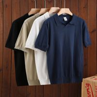 T-shirt en maille col en V à manches courtes, style américain vintage, décontracté, coupe ample pour homme, couleur unie, respirant