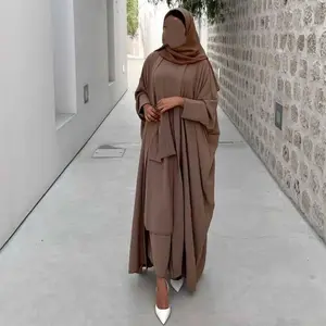 2 Piece Muslim Islamic Clothing Suite Ramadan Modest Wear 2 Layers Slips Match Open Abaya Crepe Jazz Abaya Set