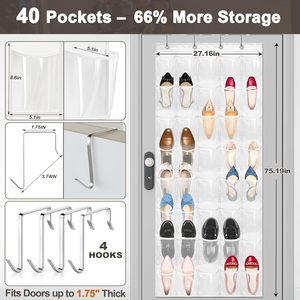 Over The Door <b>Shoe</b> Organizer 40 Pockets Clear PVC Waterproof Hanging Storage For Closet Bathroom White Rectangular <b>Hook</b> Type - Product Image 2