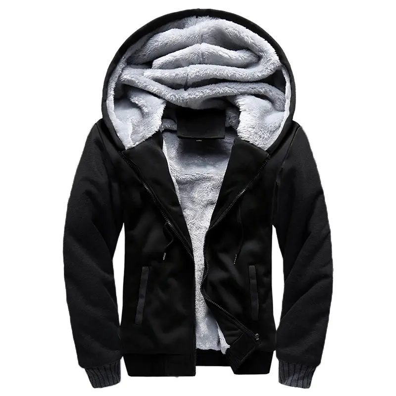 Winter Sports European American Men's Hooded Solid Color Thick Warm Sweatshirt Pocket Zipper Men Hooded