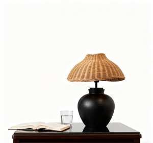 Lampada da Tavolo Retrò in Rattan, Vaso in Ceramica Carbonizzata in Legno Massello, Decorazione Antica per Hotel, Ristorante, Soggiorno, Camera da Letto, Comodino - Product Image 6