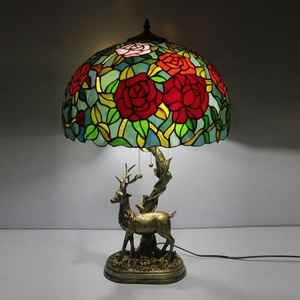 LongHuiJing European 16Inch Tiffany Dome <b>Table</b> <b>Lamp</b> with Rose Flower Stained Glass Lampshade and Deer Resin <b>Base</b> AC LED 2700K - Product Image 2