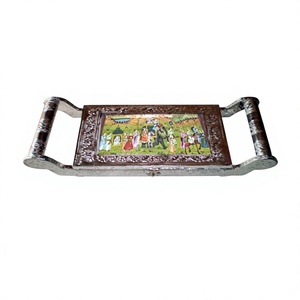<b>Rectangular</b> Metal Tray With Folk Art Painting Handcrafted Decorative Home Accent Piece - Product Image 1