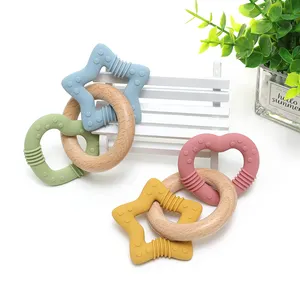 Baby Teether Babys Silicone Teethers Wooden Ring Bite-safe Dental Chewer Food Grade Wooden Teeth Toy