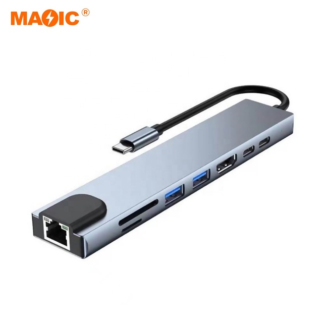 Usb C Hub 8 in 1 Usb Adapter Rj45 Sd/tf Card Reader Pd Fast Charge 8 Ports Dock Station for Laptop Adapter