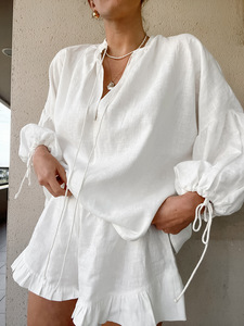 Women 2 Pieces Set Summer Clothes Casual Loose Cotton V Neck Lantern Sleeve Shorts High Waist Elegant Ruffle Shirt Shorts Set - Product Image 2
