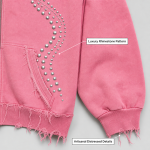 Sweat-shirt unisexe rose à capuche zippé avec strass, en coton molletonné épais 420 GSM, style décontracté automne, ODM - Product Image 3