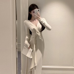 French Style V-neck Knotted Dress Long Sleeve Bodycon <b>Wrap</b> Tie Irregular Hem Evening Dress <b>Pink</b> - Product Image 3