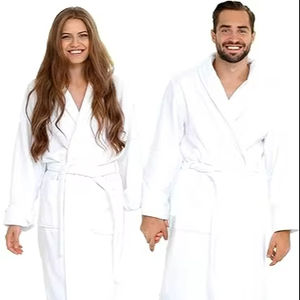 Albornoz y <span class=keywords><strong>pantuflas</strong></span> con cuello chal de rizo de algodón 100% 4 estaciones ODM bata de Spa de felpa para hombres mujeres Unisex talla única blanca - Product Image 1
